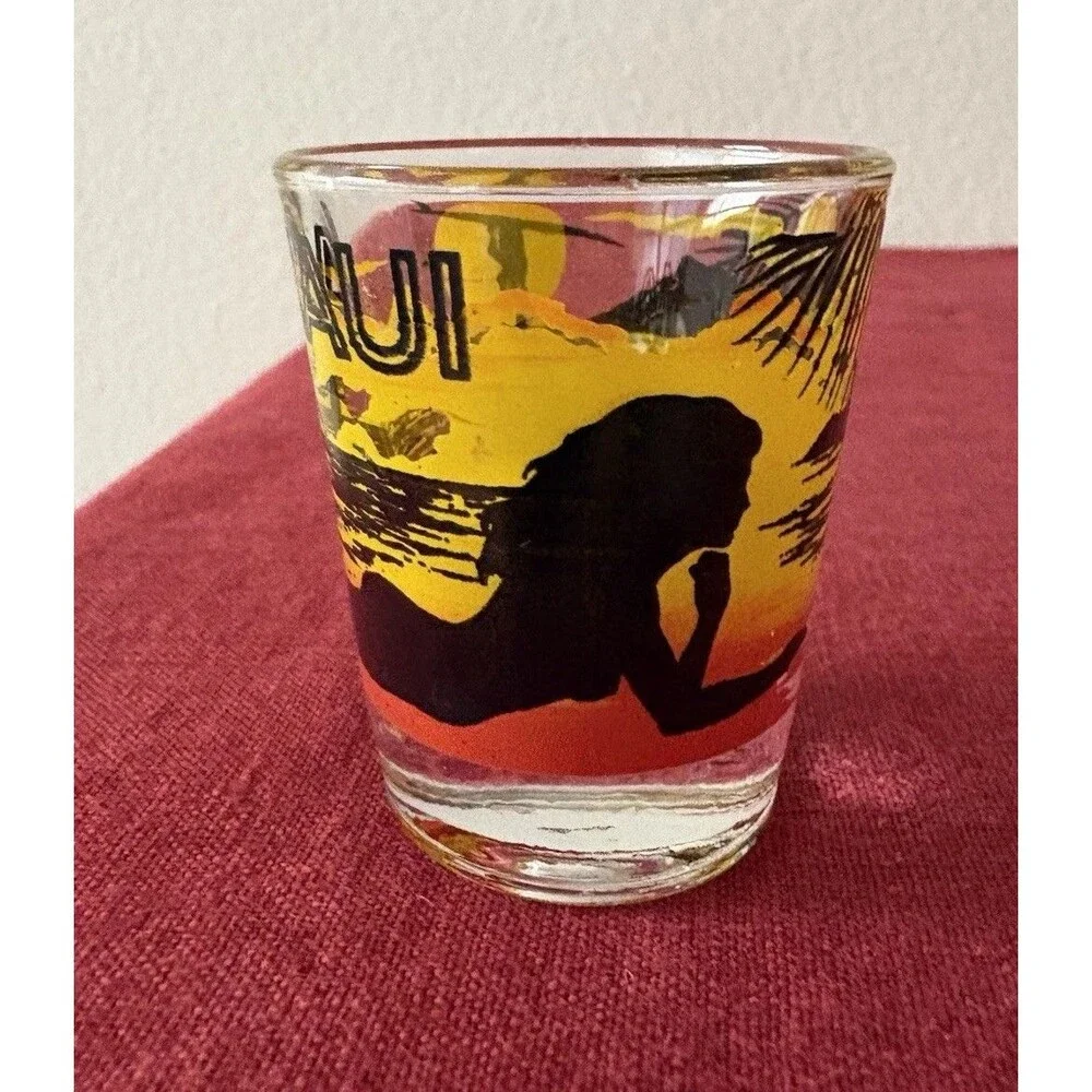 Vintage 1980s/1990s Libbey Maui Souvenir Shot Glass Surfer Girls Hawaii Beach